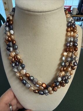 Multi-Strand Freshwater Pearl Necklace in Bronze, Gray & Cream